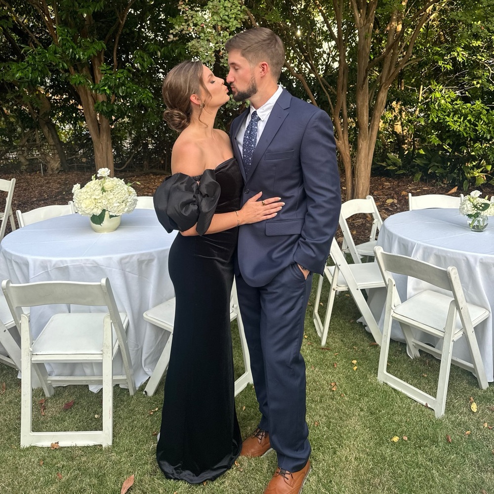 B. Darlin Taffeta Off-The-Shoulder Bow Trim Side Slit Long Dress